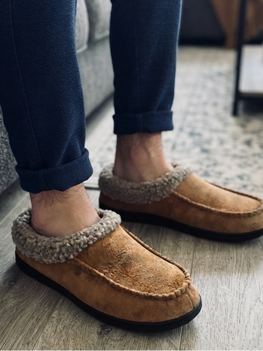 isotoner Mens Chestnut Suede Sherpa-Lined Slip-On Loafers